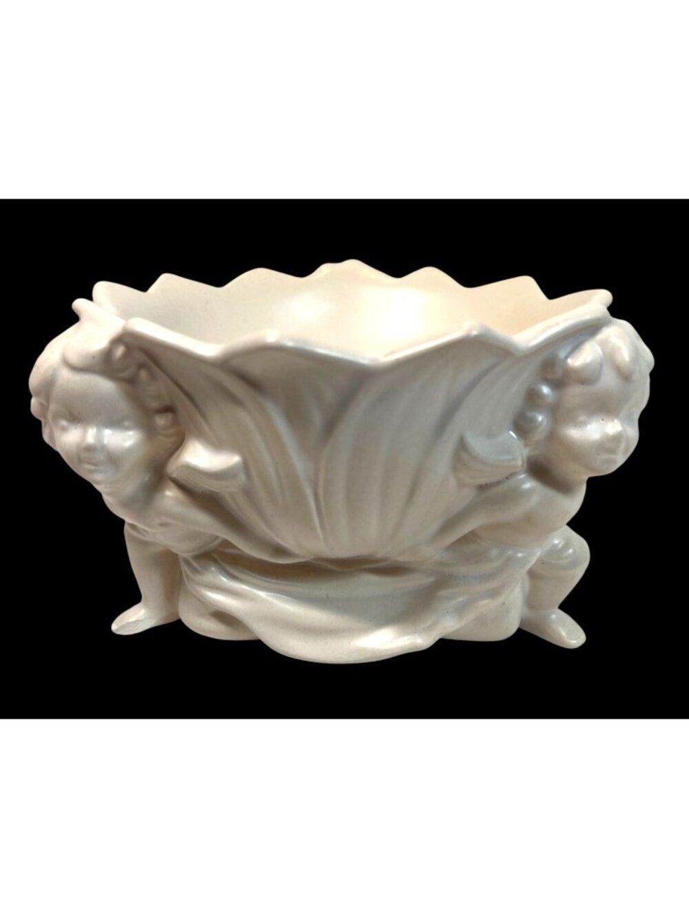 Vintage Ceramic Cherub Decorative Bowl With Scalloped Edge & Floral Motif 5" Dia